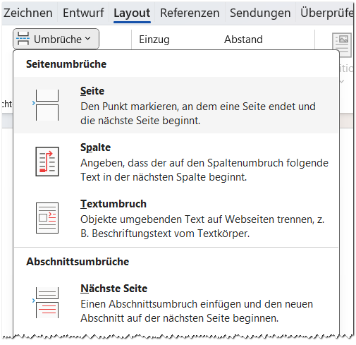 Word Layout Umbrüche