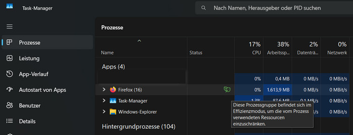 taskmanger effizienzmodus firefox